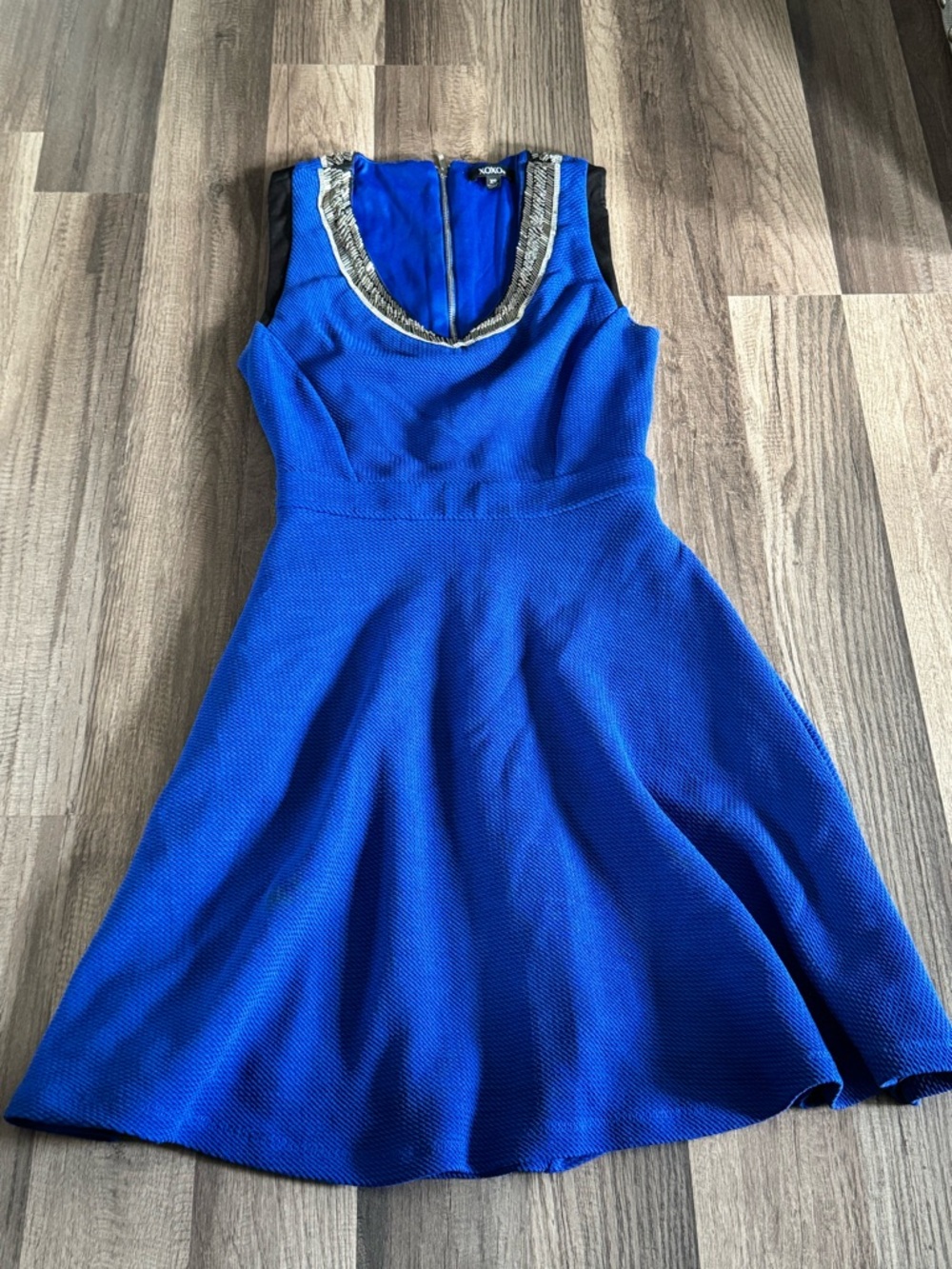 XOXO Royal Blue Sleeveless Skater Dress with Embellished Scoop Neckline